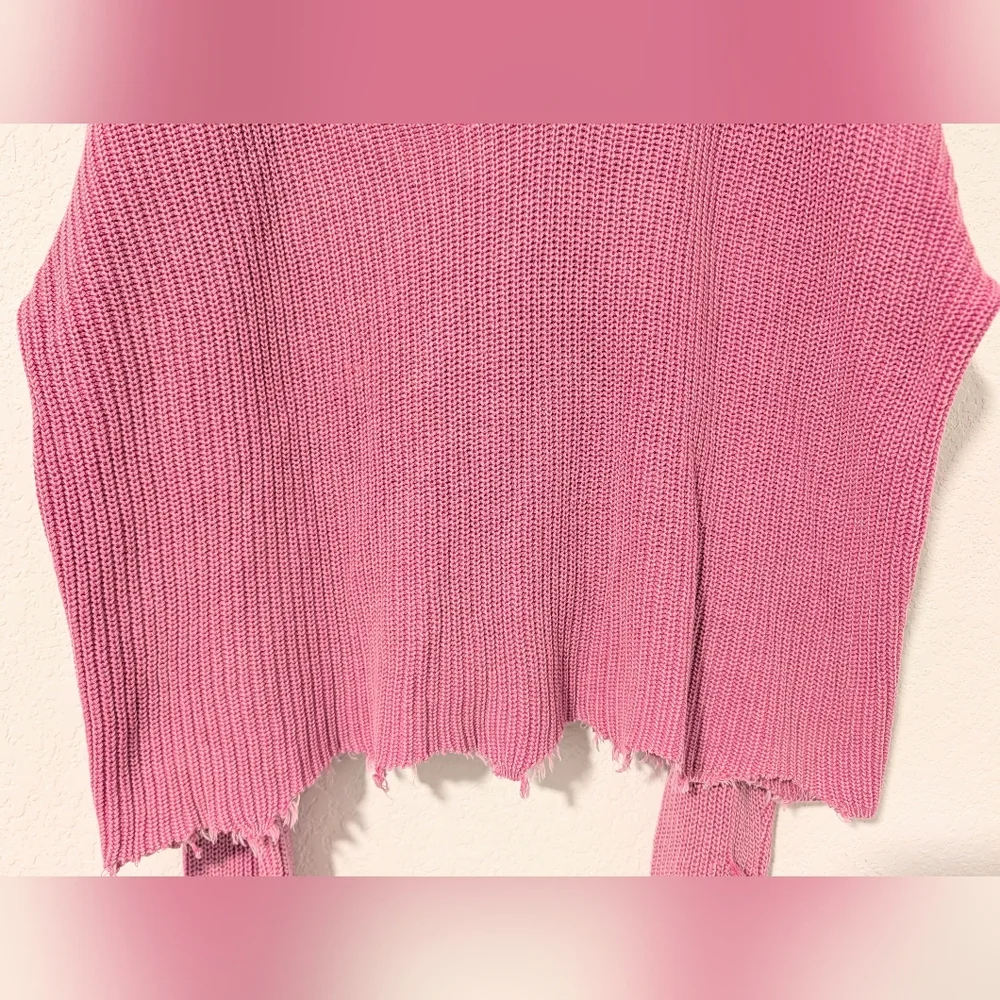 Vici Pink Ribbed 100% Cotton Distressed Frayed Drop Shoulder Slouchy Sweater - Picture 5 of 9
